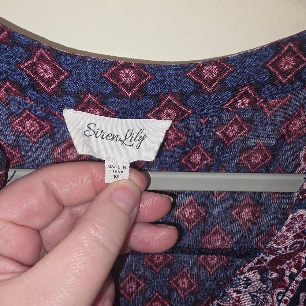 Siren Lily Bohemian Roll-Tab Tunic Ornate Paisley & Geometric Mesh Blouse Size M - Picture 6 of 7